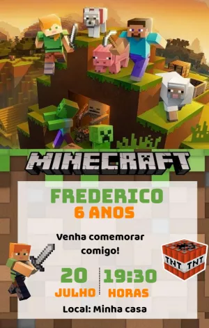 Convite Aniversário Minecraft com Personagens para Editar Online