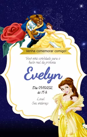 Convite de Aniversário A Bela e a Fera para Editar Online
