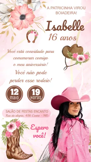 Convite de Aniversário Boiadeira com Foto para Editar Online