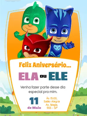 Convite de Aniversário Pj Masks para Editar Online