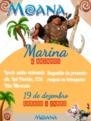 Convite de Aniversário Moana com Personagens para Editar Online