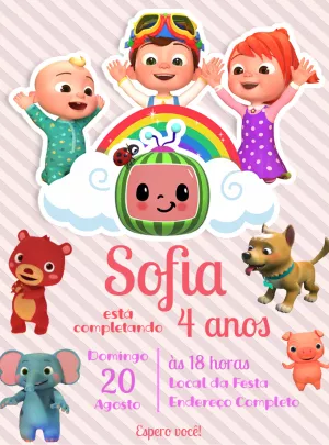 Convite de Aniversário Cocomelon com Personagens para Editar Online