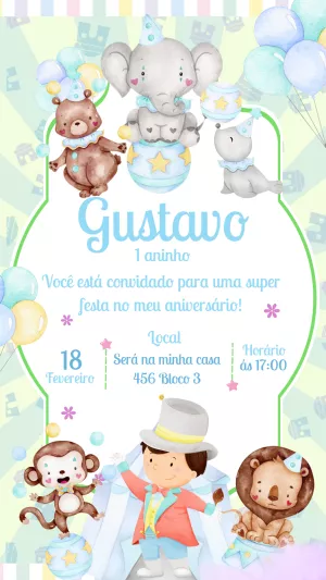 Convite Aniversário Circo Aquarela com Animais para Editar