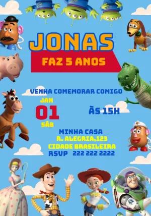 Convite de Aniversário Toy Story com Personagens para Editar