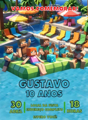 Convite Aniversário Minecraft Pool Party para Editar Online