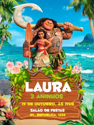 Convite de Aniversário Moana com Maui para Editar Online