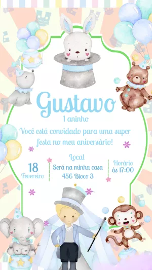 Convite Aniversário Circo com Animais Fofos para Editar Online