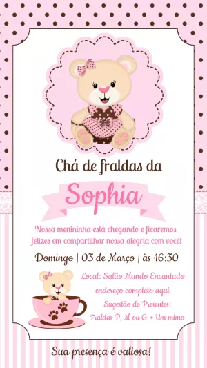Convite Chá de Fraldas Ursinha Princesa Fofa para Editar