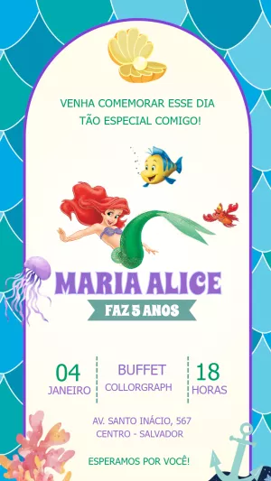 Convite Aniversário Pequena Sereia com Ariel para Editar Online