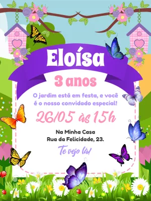 Convite Aniversário Jardim das Borboletas para Editar Online