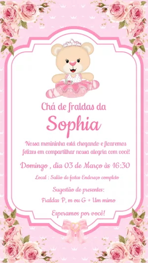 Convite Chá de Fraldas Ursinha Princesa para Editar Online