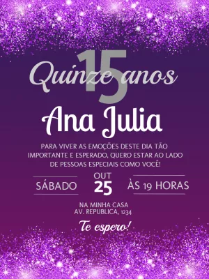 Convite 15 Anos Roxo com Glitter para Editar Online