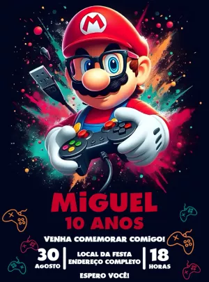 Convite de Aniversário Super Mario Gamer para Editar Online
