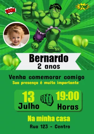 Convite de Aniversário Hulk com Foto para Editar Online