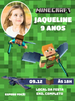 Convite Aniversário Minecraft com Foto para Editar Online