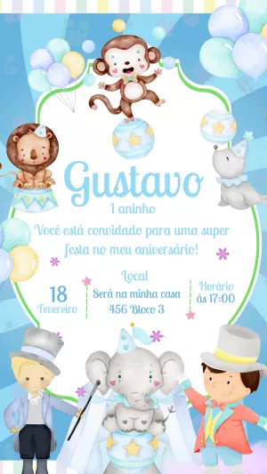 Convite Aniversário Circo Aquarela com Animais para Editar