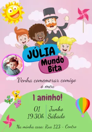Convite Aniversário Mundo Bita com Foto para Editar Online