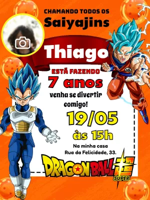 Convite Aniversário Dragon Ball com Foto Goku e Vegeta para Editar