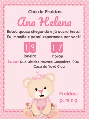 Convite Chá de Fraldas Ursinha Princesa para Editar Online