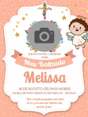 Convite de Batizado com Foto Anjinha para Editar Online