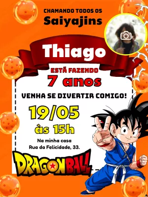 Convite de Aniversário Dragon Ball com Foto para Editar Online