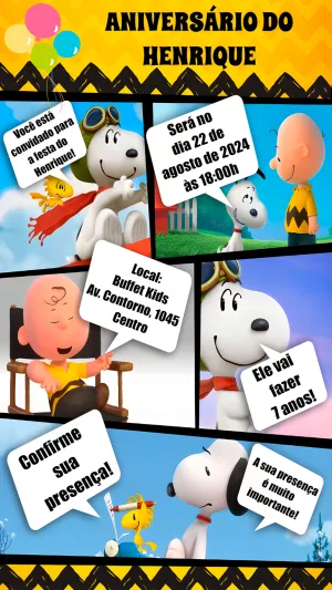 Convite Aniversário Snoopy Gibi para Editar Online