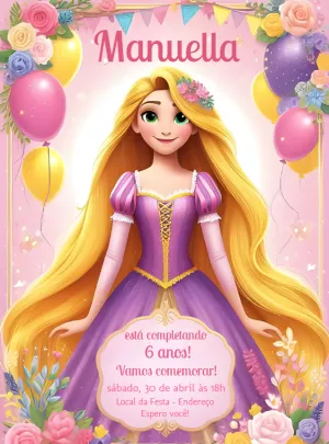 Convite Aniversário Princesa Rapunzel para Editar Online