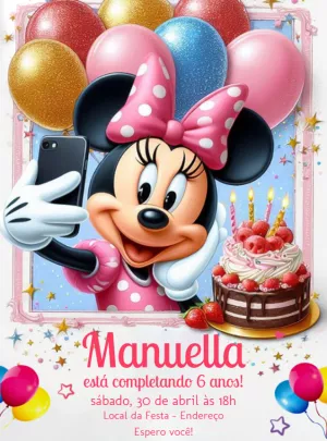 Convite de Aniversário Minnie Mouse Selfie Editável Online