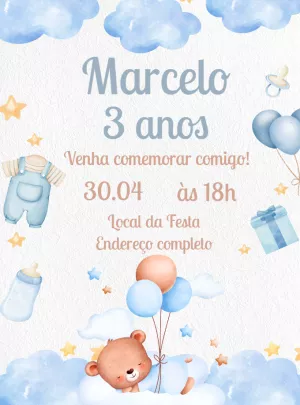 Convite Aniversário Ursinho Azul Aquarela para Editar Online