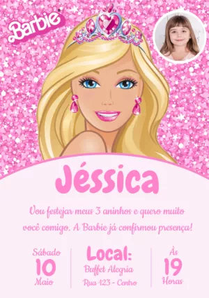 Convite Aniversário Barbie com Foto para Editar Online
