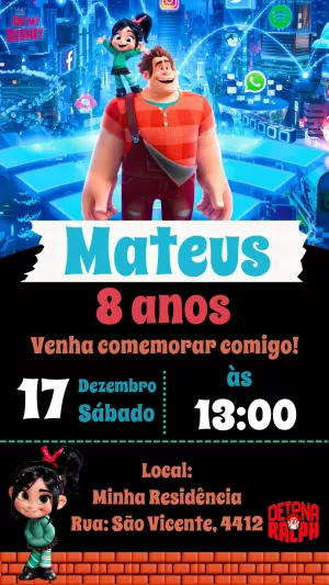 Convite de Aniversário Detona Ralph para Editar Online