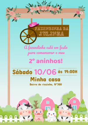 Convite Aniversário Fazendinha Rosa para Menina para Editar Online