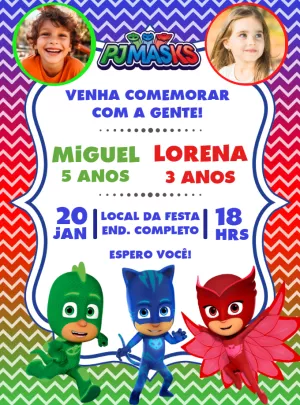 Convite Aniversário Duplo PJ Masks com Foto para Editar Online