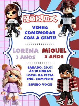 Convite Aniversário Duplo Roblox com Personagens para Editar