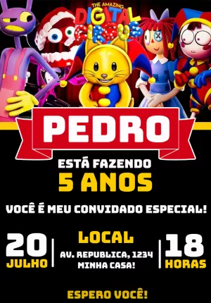 Convite Aniversário Digital Circus com Personagens para Editar