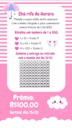 Chá Rifa Chuva de Amor Rosa Editável para Imprimir