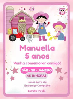 Convite Aniversário Fazendinha Rosa para Editar Online