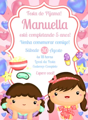 Convite Aniversário Festa do Pijama Meninas para Editar Online
