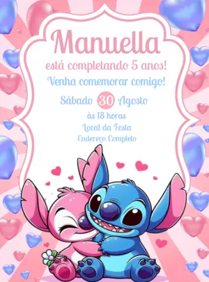 Convite de Aniversário Stitch e Angel Abraçados para Editar