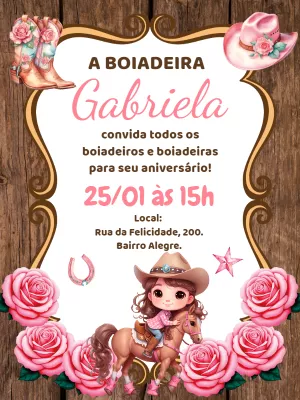 Convite Aniversário Boiadeira Floral Country para Editar Online