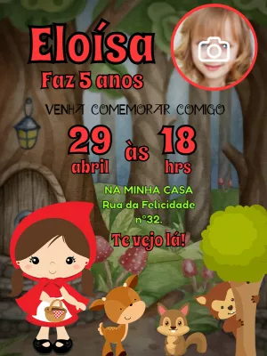 Convite Aniversário Chapeuzinho Vermelho com Foto para Editar