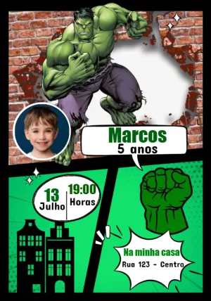 Convite Aniversário Hulk com Foto para Editar Online