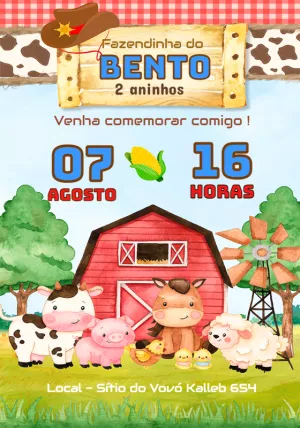 Convite Aniversário Fazendinha Aquarela para Editar Online
