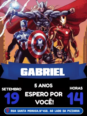 Convite de Aniversário Vingadores com Heróis para Editar Online