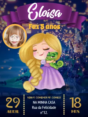 Convite Aniversário Rapunzel com Foto para Editar Online