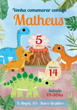 Convite de Aniversário Dinossauros Fofos para Editar Online