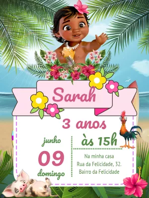 Convite de Aniversário Moana Baby para Editar Online e Imprimir