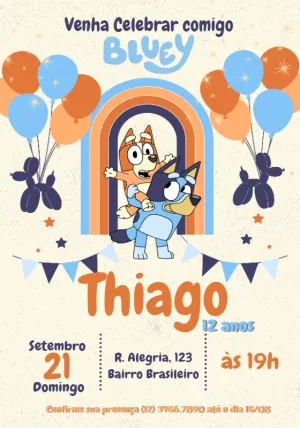 Convite Aniversário Bluey e Bingo para Editar Online