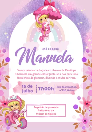 Convite Chá de Bebê Penelope Charmosa para Editar Online