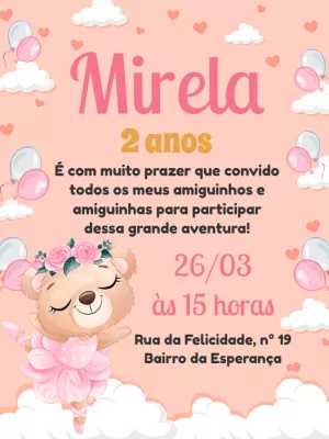 Convite Aniversário Ursinha Bailarina para Editar Online